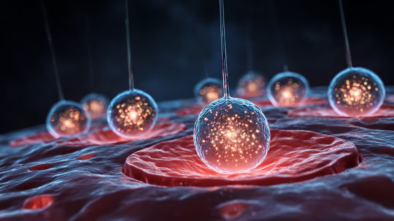 Dynamic Interaction of Glowing Micro-Spheres Above a Textured Cellular Surface, Highlighting Engaging Patterns of Light and Color in an Intricate Biological Environment