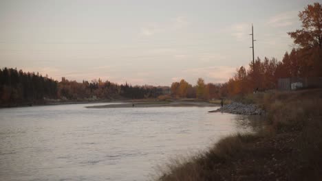 wide shot of a serene bow river surrounded by autumn trees with vibrant foliage