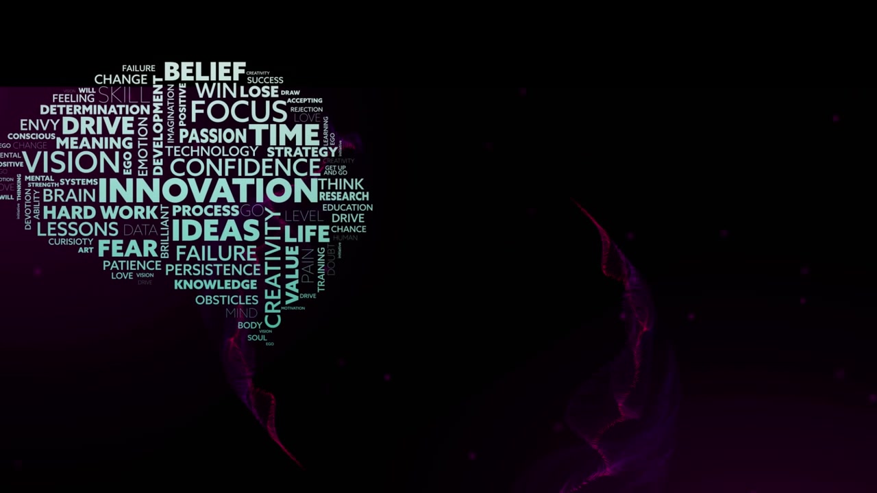 Animation of innovation and ideas text with purple connections on black background