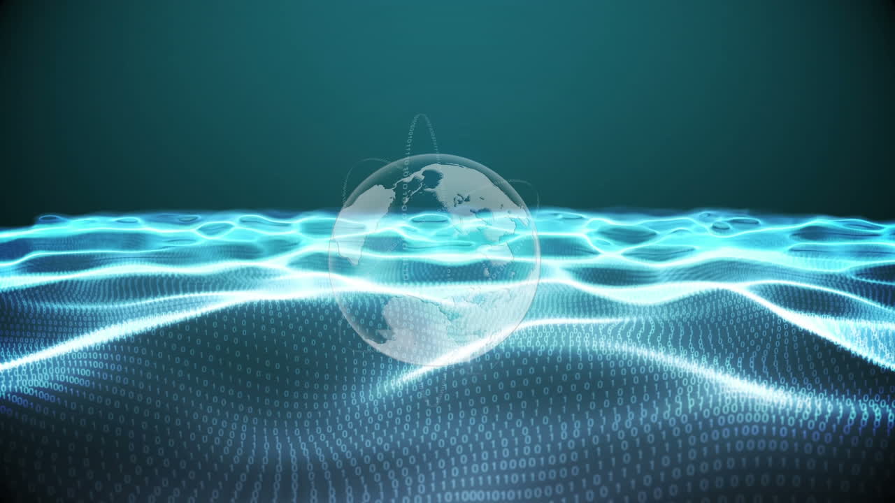 Animation of globe over waves on black background