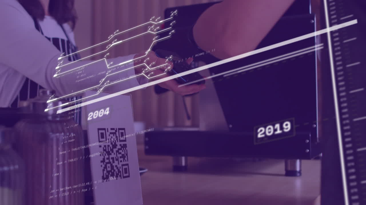 Scanning QR code, digital circuit animation over hands exchanging items