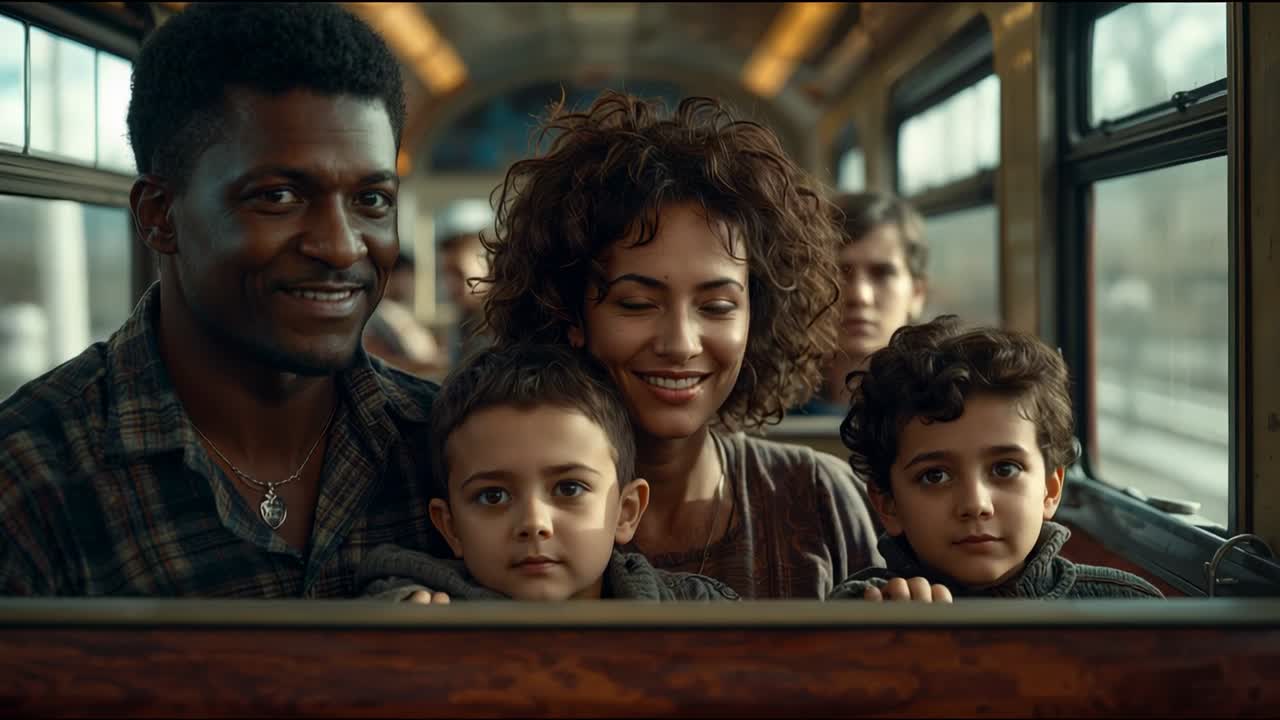 Sitting family of four in train carriage, holding bench while green fields blurring past windows