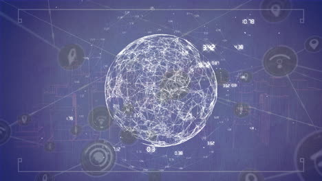 animación de la red de conexiones con iconos y globo sobre fondo azul
