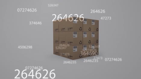 Animation-of-numbers-changing-over-stack-of-cardboard-boxes-in-background