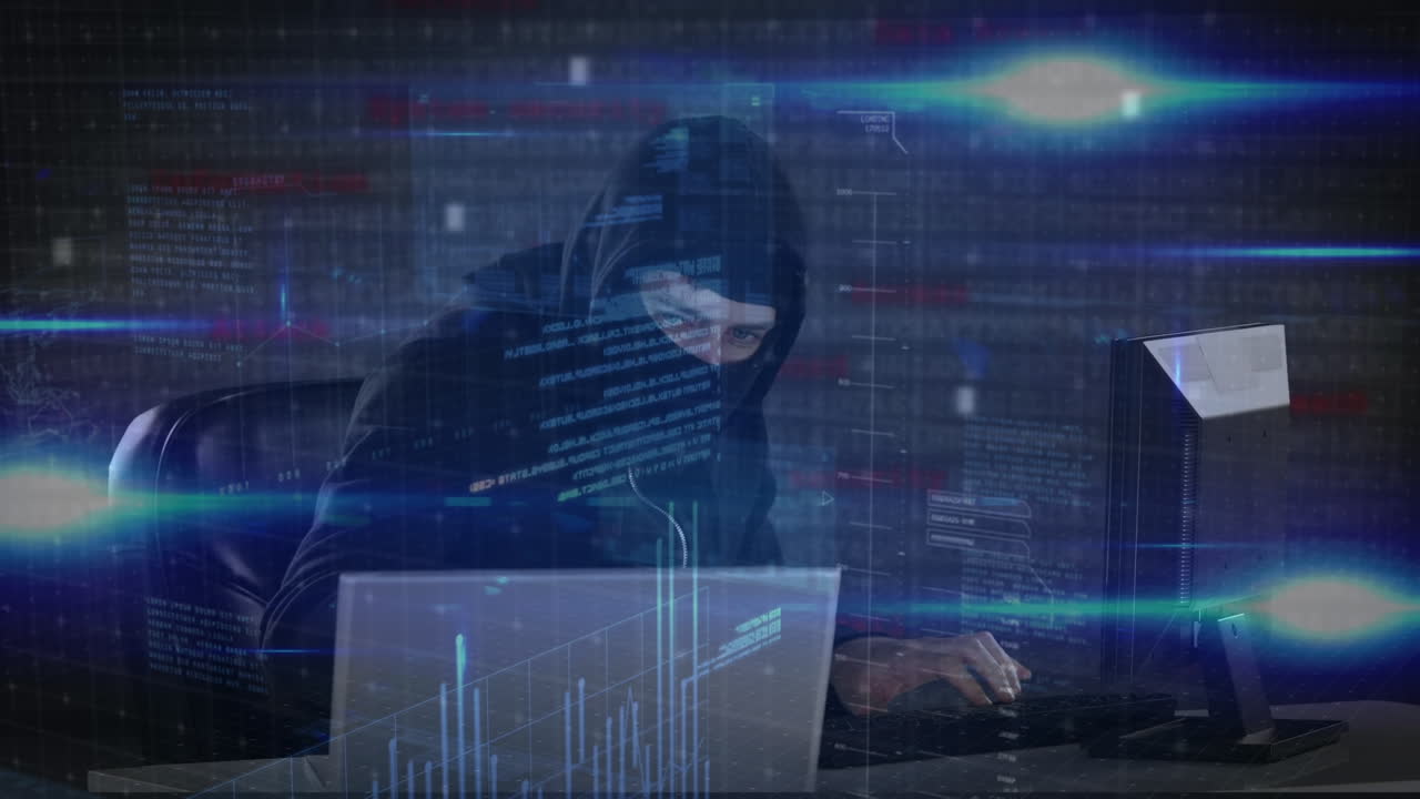 Animation of data processing over caucasian male computer hacker in balaclava using laptop
