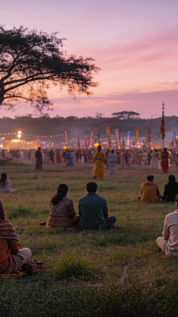 Vertical video: Sitting couple facing lights at dusk while person in yellow walking across field