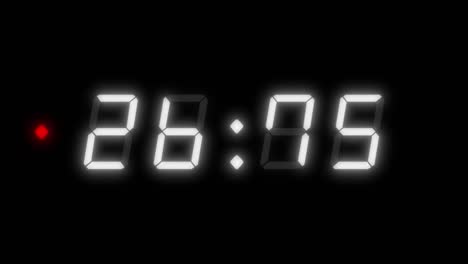 4 digit, 30 second digital clock countdown timer. white digits on black color background with a red light beside the timer. retro digital alarm clock