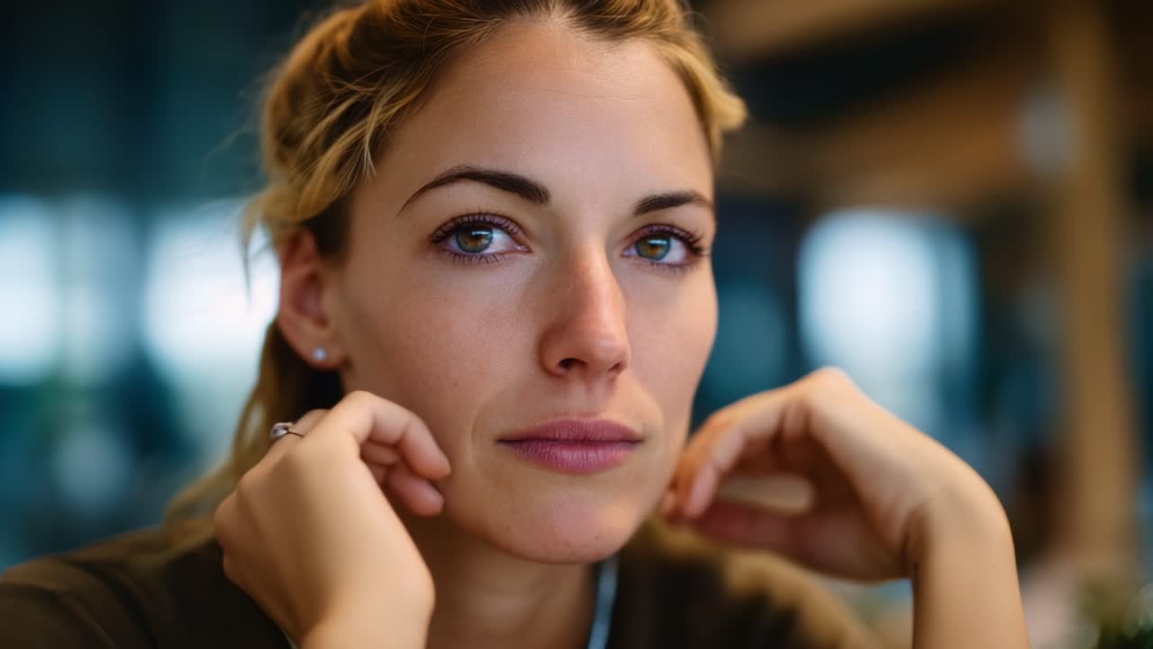 A thoughtful woman lost in contemplation, displaying a range of emotions in an intimate setting, reflecting inner thoughts and feelings through her expression and posture