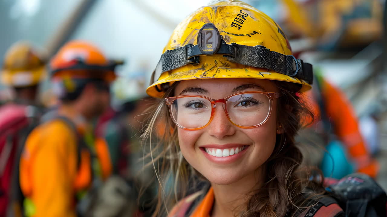 Smiling worker with helmet and glasses stands in busy construction site filled with people and machinery while sun shines brightly