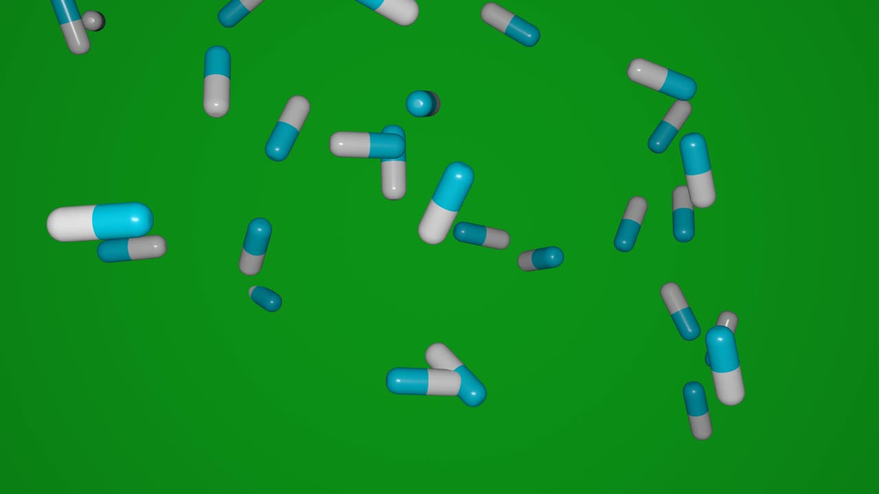 Molte pillole che cadono su sfondo blu