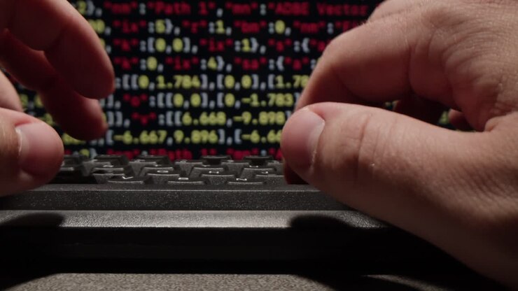 Close up of hands typing on a keyboard with a blurry background of code on a computer screen.