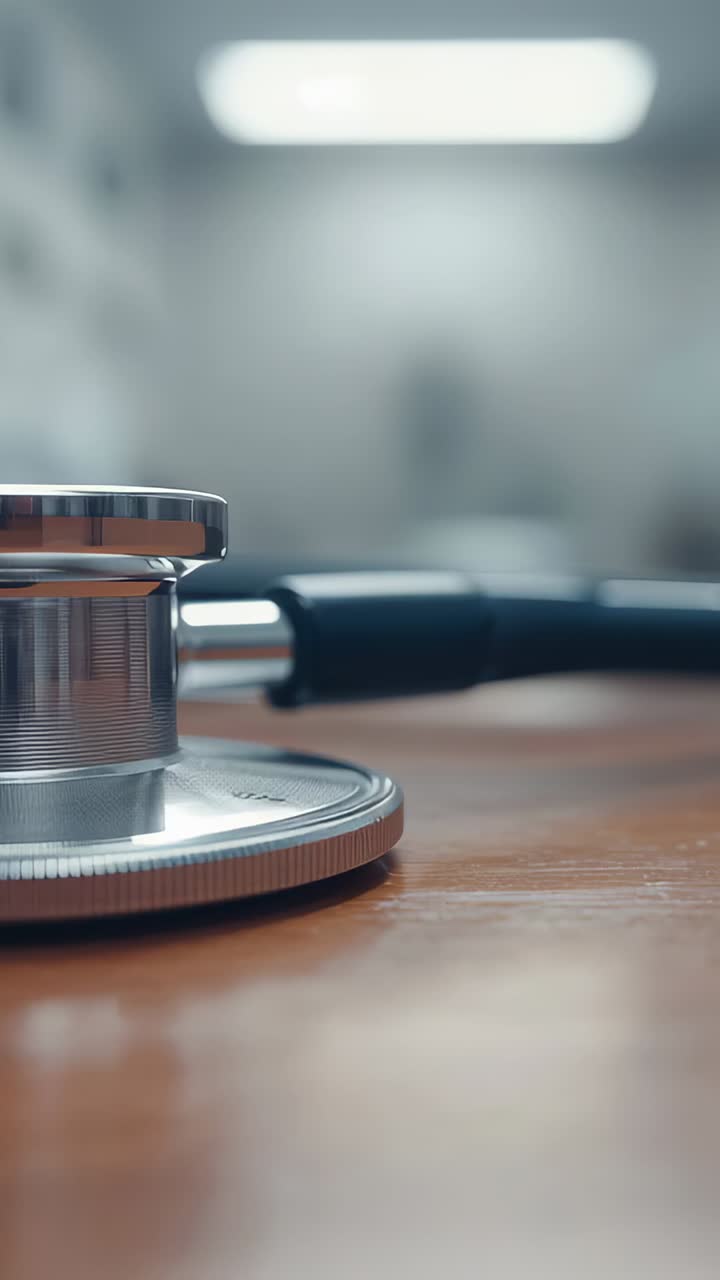 Vertical video: Resting stethoscope on wood desk in clinic, cam shifting focus to highlight tubing