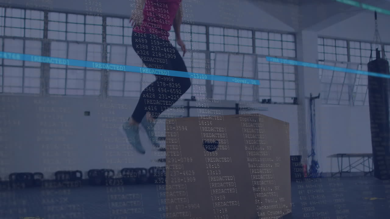 woman performing box jump inside fitness gym, showing animated heart icon and performance graph