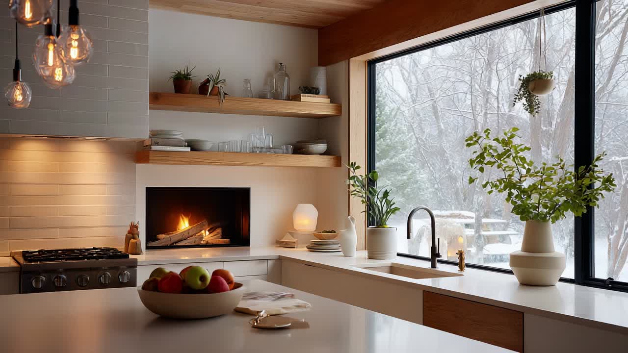 A Cozy Winter Kitchen Scene Featuring a Modern Design with Minimalist Decor, Warm Lighting, and a View of Falling Snow Through Large Windows Enhancing the Home’s Inviting Atmosphere