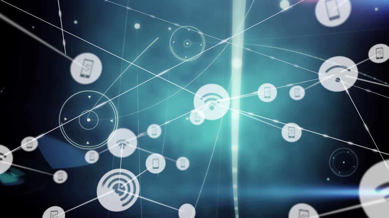 animación de la red de conexiones con iconos en fondo negro