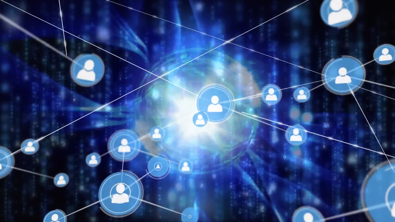 Animation of network of profile icons over blue light trails falling and globe on black background