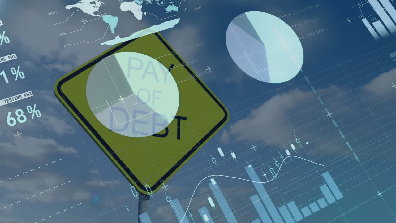 señal de pago de la deuda con animación de procesamiento de datos financieros sobre fondo de cielo azul