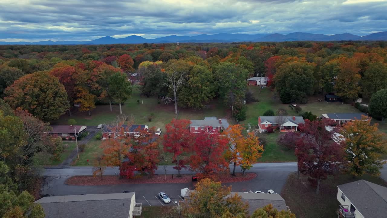 Drone flight over suburb residential area wtith colored trees along street with driving car. Cloudy day in October. Family houses in american suburbia. Wide shot