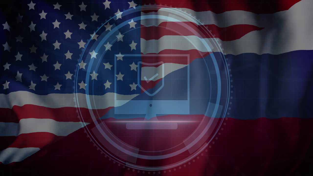 Animazione di scudo ed elaborazione dati su bandiera di Russia e Stati Uniti d'America