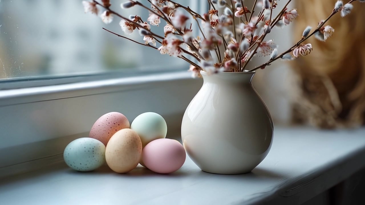 Pastel Easter Eggs and Pussy Willow in Vase on Windowsill