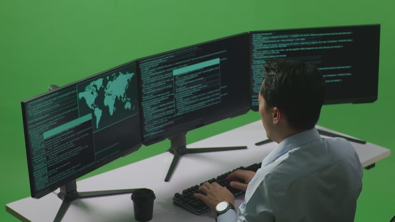 Side View Of Tired Asian Man Developer Yawning Before Sleeping While Write Code With Multiple Computer Screens In Green Screen Studio