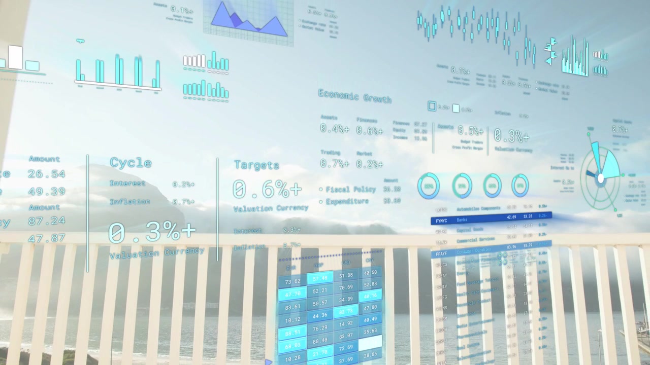 Translucent finance HUD receiving data, shifting opacity and highlighting grid over railing horizon