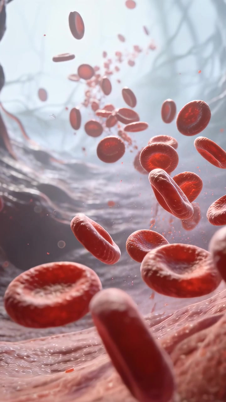 Vertical video: Streaming red blood cells being pushed by pressure through lumen, passing particles