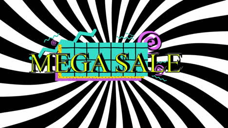 animation of mega sale text over colourful geometric shapes and radiating black and white stripes