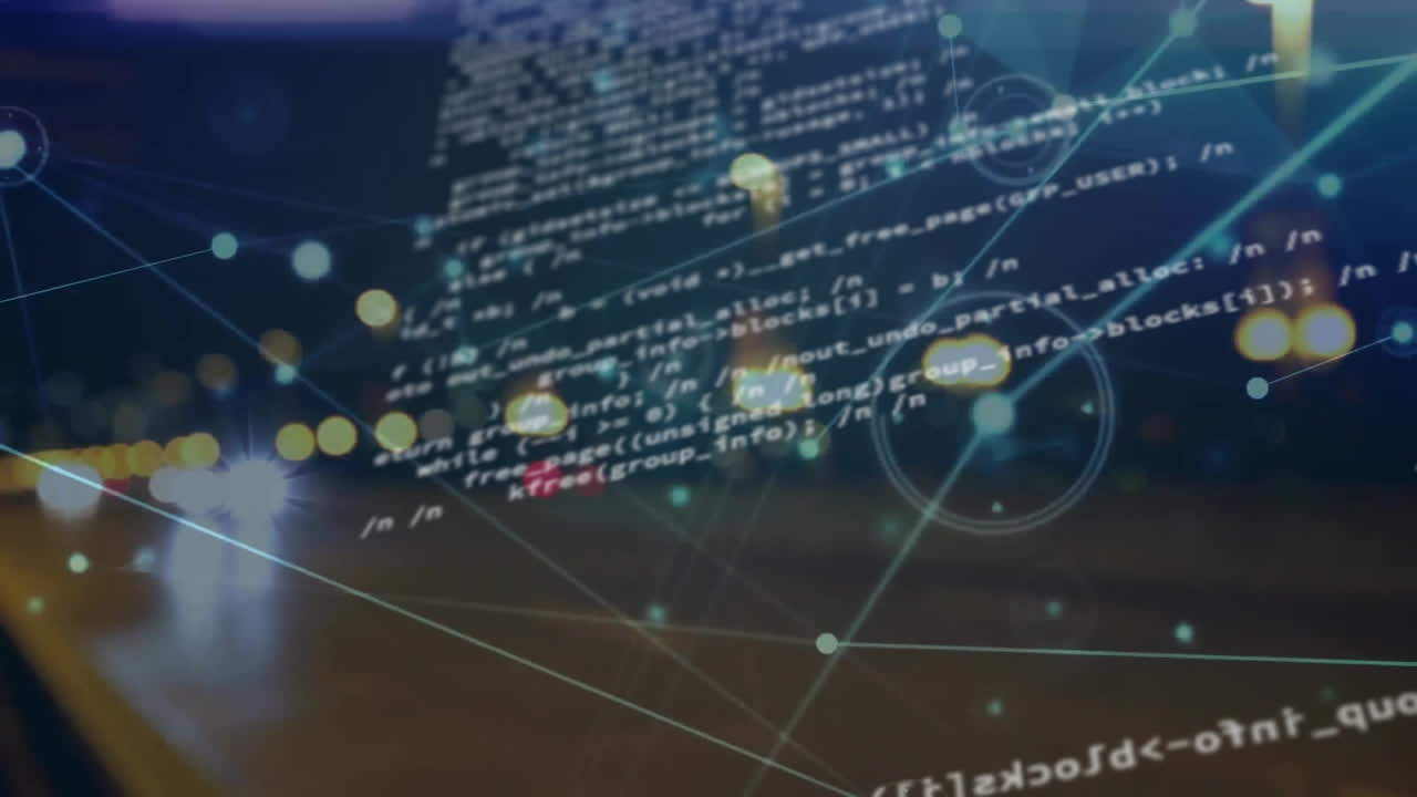 Animation of connected dots, computer language over blurred vehicles moving on street