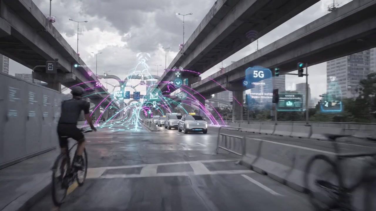Futuristic Urban Scene Showcasing Autonomous Vehicles and Advanced Connectivity Under a Cloudy Sky with Digital Overlays Illustrating 5G Technology Integration