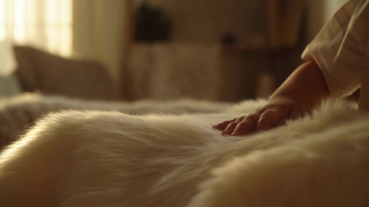 Composizione ravvicinata mostra una mano che accarezza una spessa pelliccia bianca mentre l'animale rimane immobile sul letto, con illuminazione soffusa, texture dei tessuti e dintorni interni tranquilli che creano un'atmosfera domestica calma