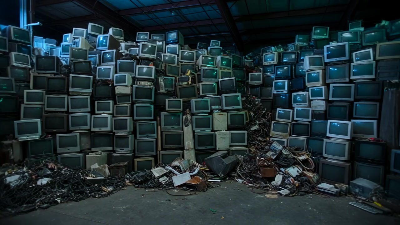 Câmera panorâmica revelando uma parede de monitores CRT empilhados em uma recicladora, documentando o armazenamento e mostrando os cabos.
