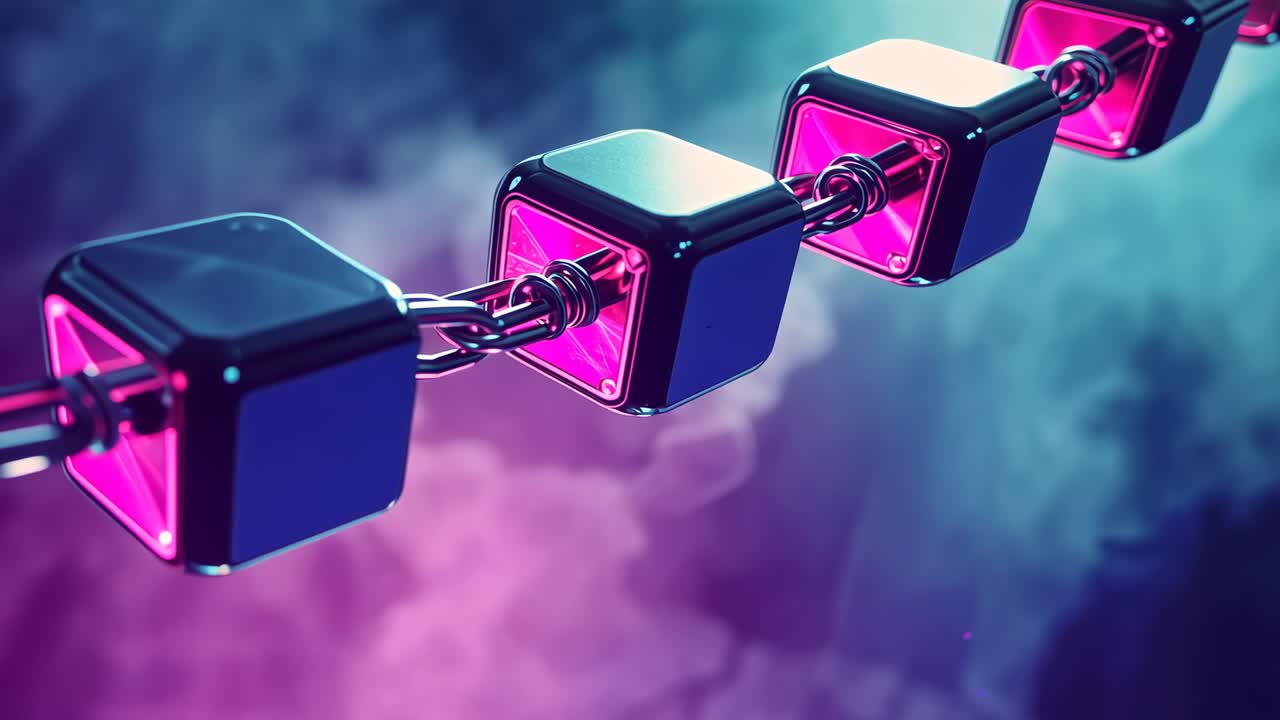 Starting metallic chain with neon-lit cubes rotating and drifting through violet-teal gradient