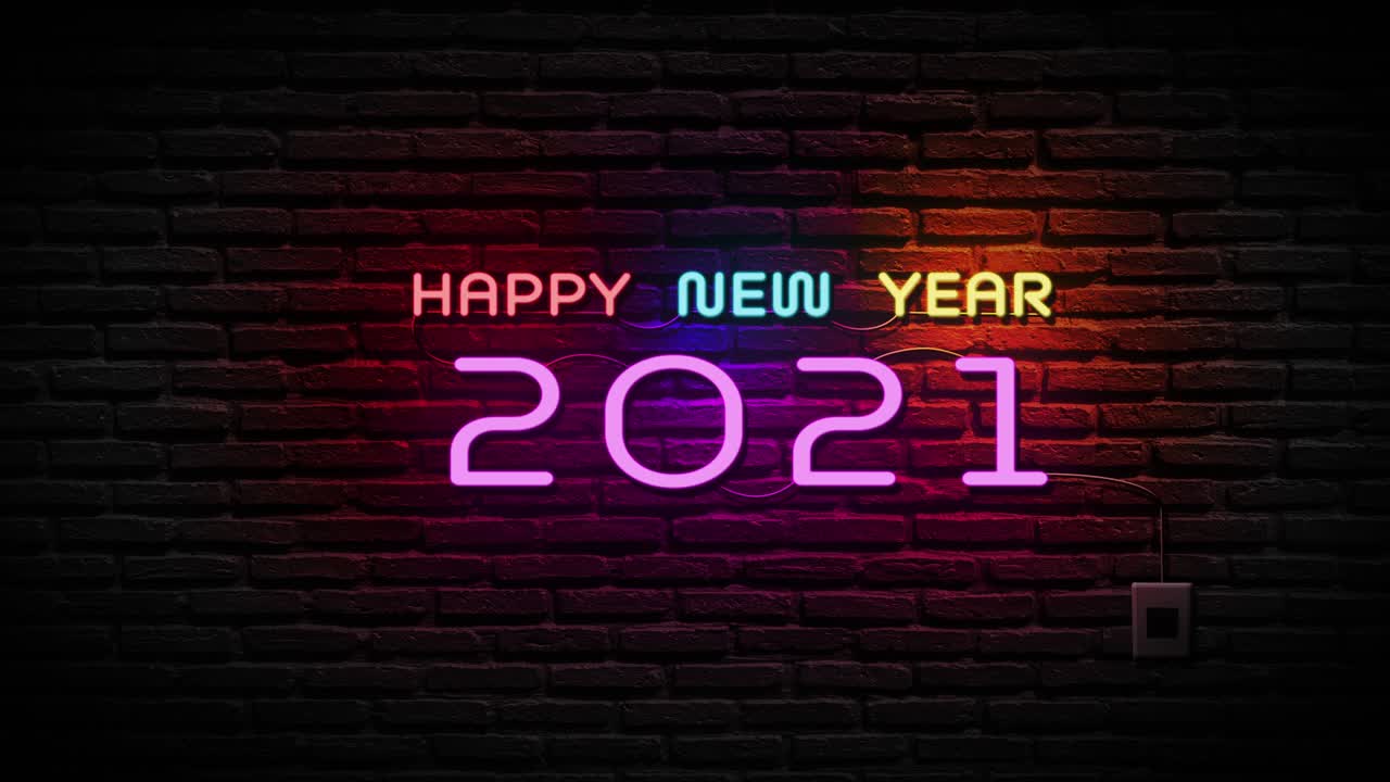 Neonschild 'Frohes neues Jahr und 2021' auf Ziegelsteinmauerhintergrund. Feiertags- und Feierkonzept.