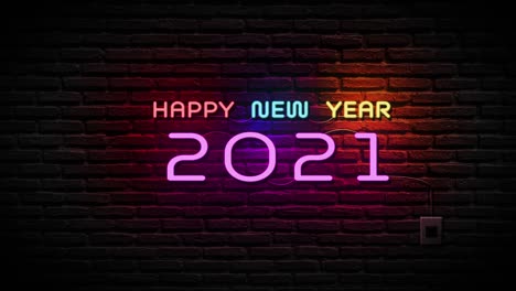 feliz año nuevo y número 2021 signo de neón en el fondo de la pared de ladrillo de piedra. concepto de vacaciones y celebraciones.