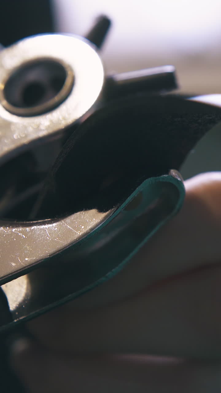 CU: Skilled tailor makes holes in fashionable leather belt with special punch pliers in workshop extreme close view