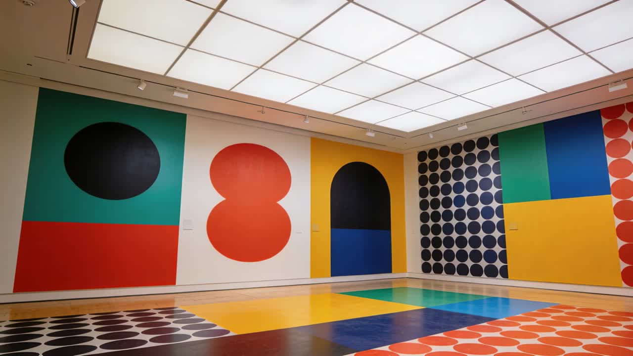 Cámara en movimiento paneando a la derecha en una galería, revelando grandes murales y azulejos punteados, centrando la exhibición.