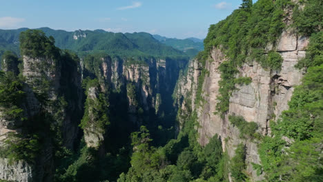 drone flying in middlle of towering sandstone spires in the zhangjiajie, china