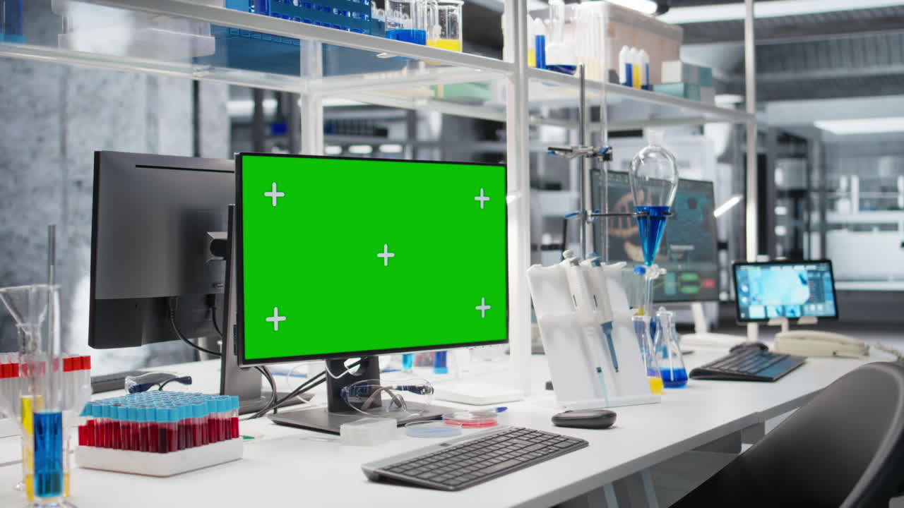Green Screen Pc In Lab Next To Tablet With Interface Showing Genetic Markers