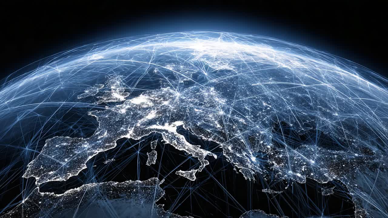 Vibrant Digital Connectivity Over Europe: A Stunning Visualization of Global Networks Illuminating the Night Sky with Intricate Light Patterns and Geographical Details