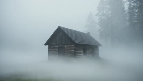 An Isolated Cabin In The Mist: A Serene Yet Eerie Scene Of A Wooden Structure Surrounded By Enveloping Fog In A Peaceful Forest Environment