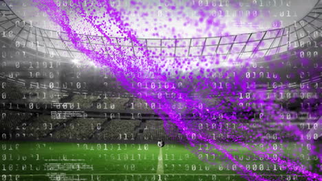 purple digital data and binary code animation over soccer stadium and ball