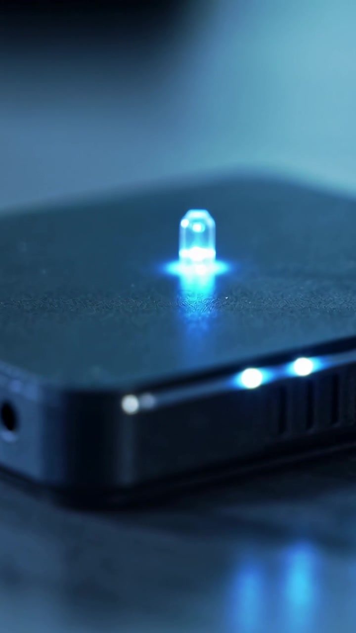 Video verticale: Panoramica della telecamera che mostra una scatola nera su una scrivania con luce blu, LED superiori e laterali e porta USB.