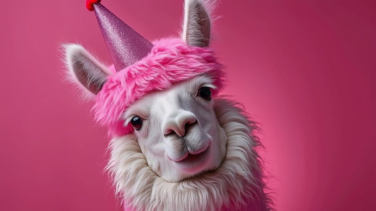 Nahaufnahme Porträt eines weißen Lamas mit einem rosa flauschigen Hut und einem Partyhut.