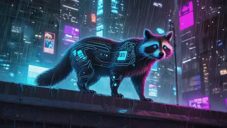 cybernetic raccoon in a neon city at night