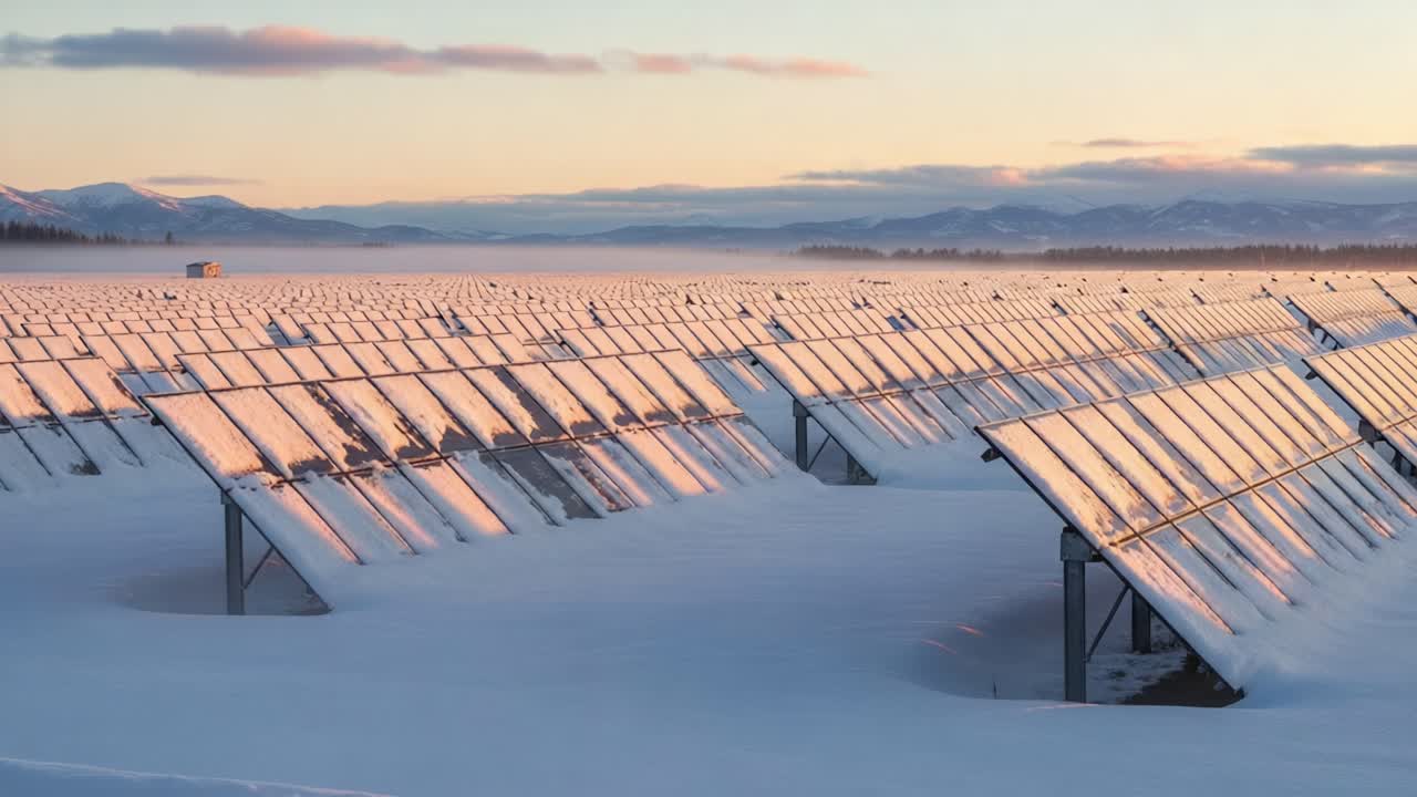 A Breathtaking Winter Landscape Featuring Snow-Covered Solar Panels Bathed in Soft Morning Light, Showcasing Renewable Energy in a Serene Natural Setting