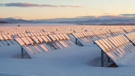 a breathtaking winter landscape featuring snow-covered solar panels bathed in soft morning light, showcasing renewable energy in a serene natural setting