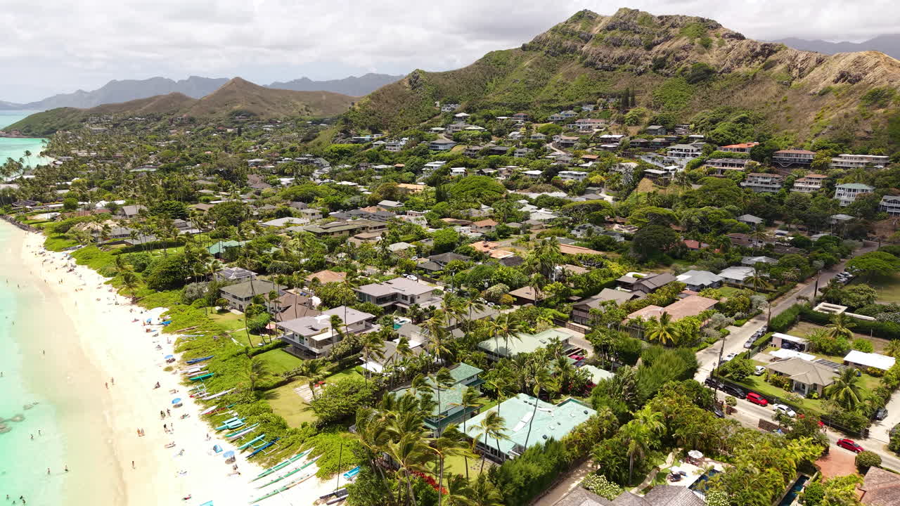 Drone Shot of Kailua and Lanikai Beach, Oahu Island, Hawaii USA, Homes, Landscape and Sandy Shore