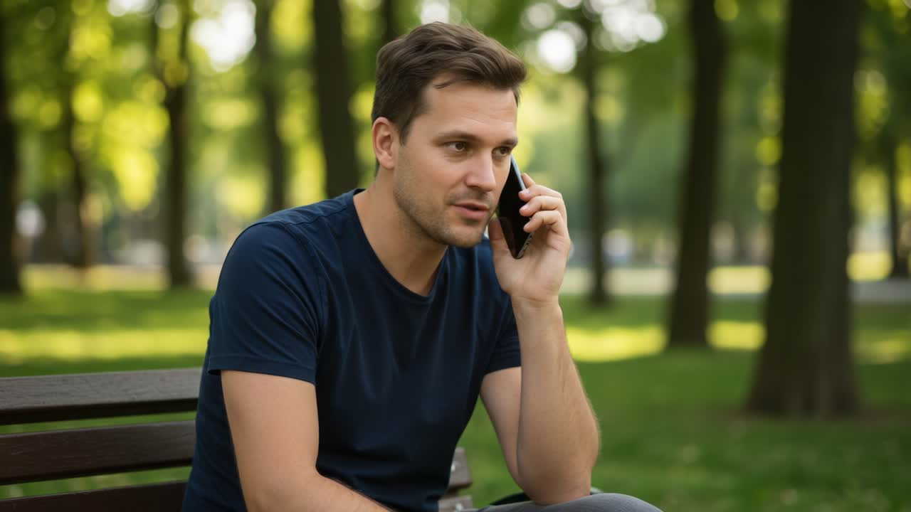 A Young Man Engaged in a Conversation on His Smartphone While Sitting on a Park Bench Surrounded by Lush Greenery and Natural Light