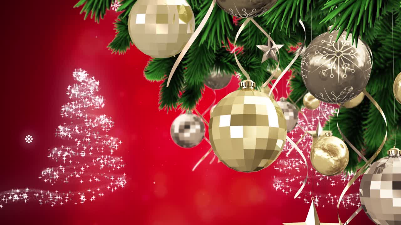 animación de la nieve cayendo sobre la decoración de navidad con bolas